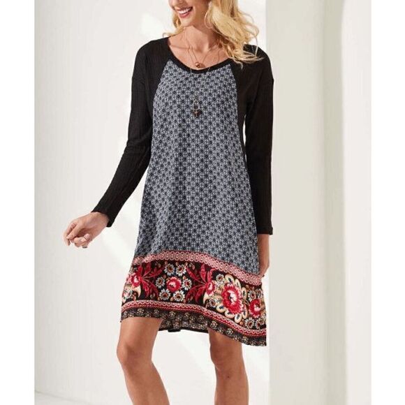 Suzanne Betro Women's Navy & Red Contrast-Hem Long-Sleeve Shift Dress L - Picture 1 of 10